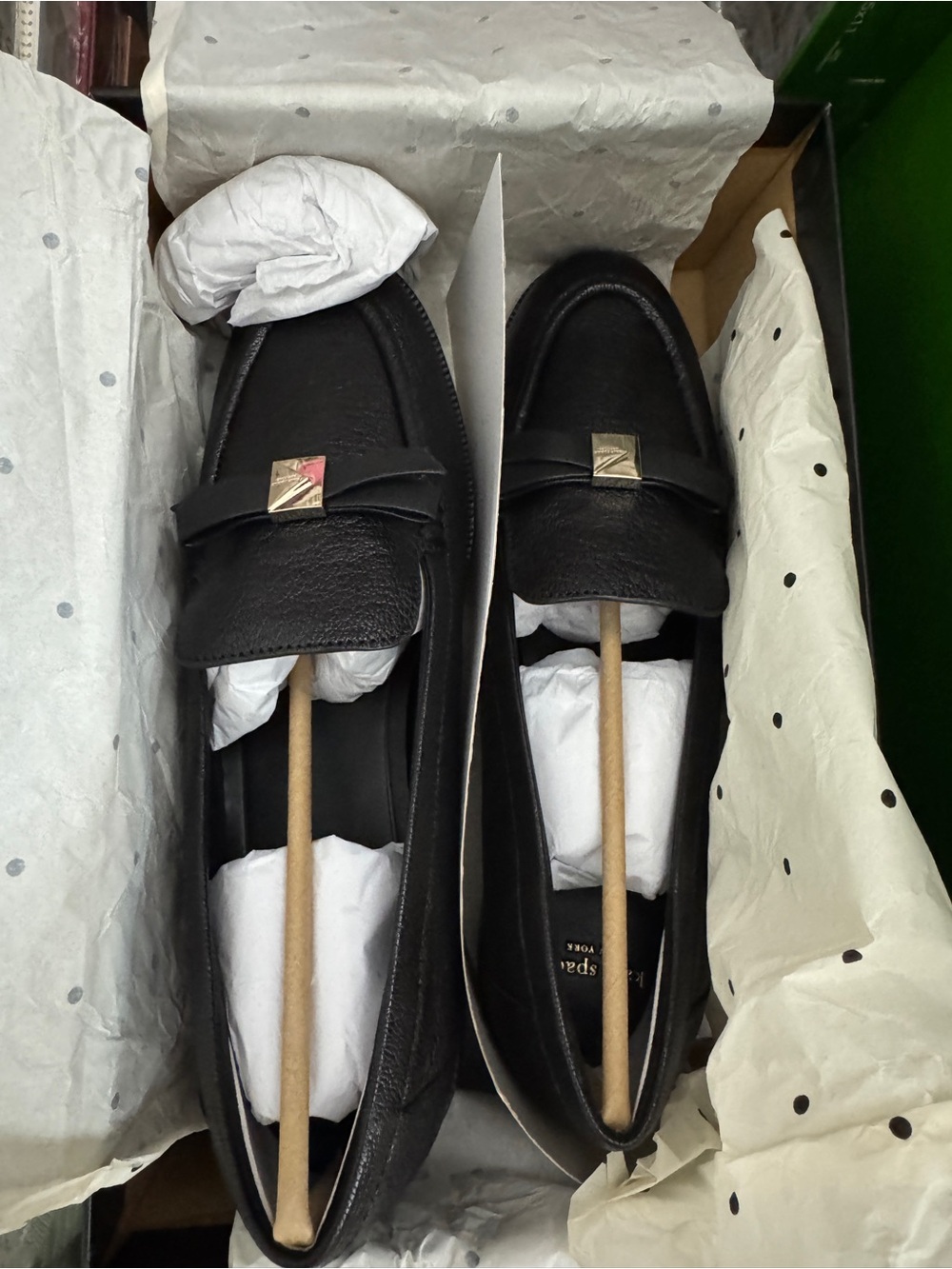 kate spade Black Leather Slip-On Penny Loafers with Gold-Tone Accent